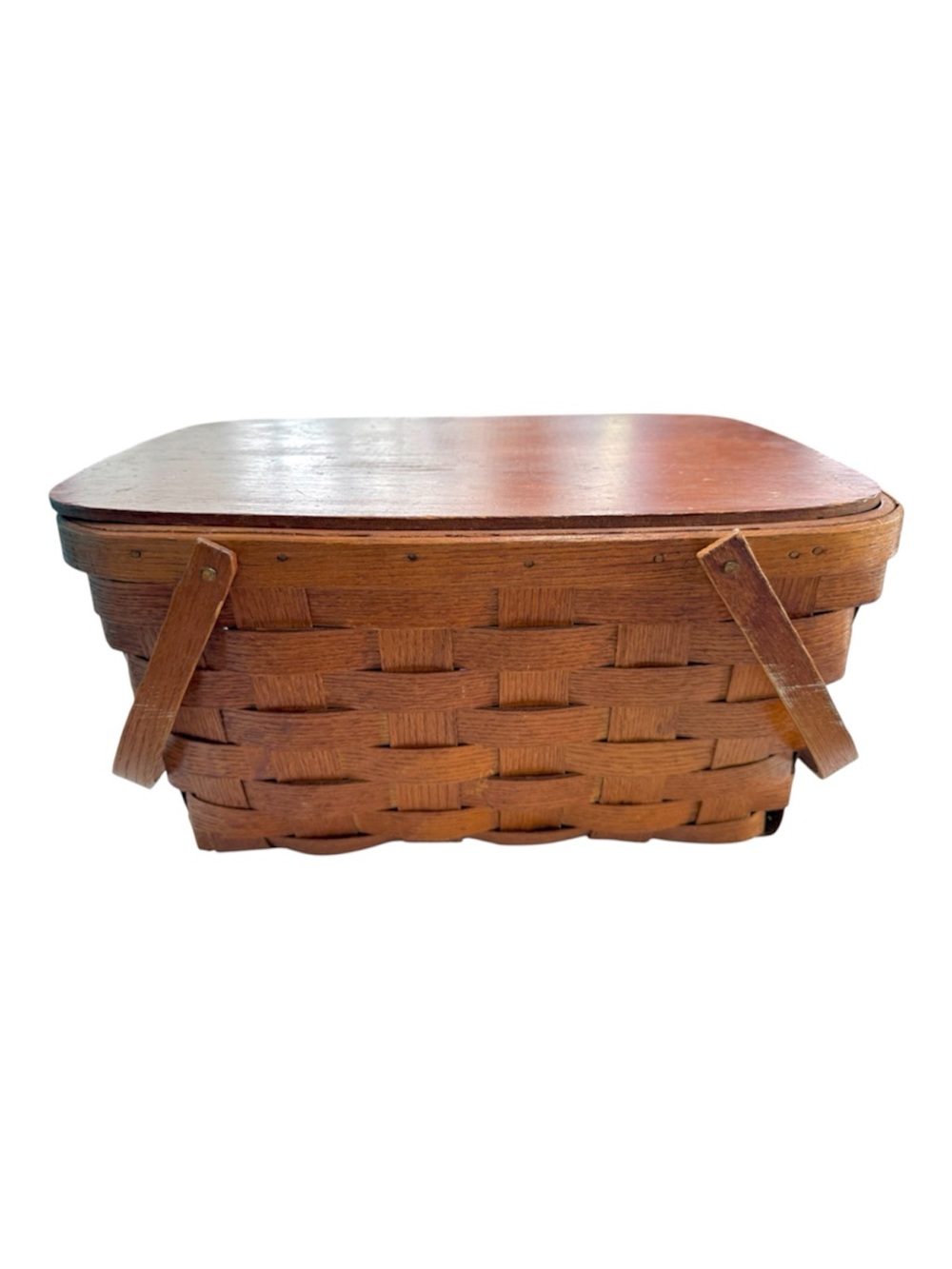 Vintage Mid-Century Peterboro
Basket Co. Woven Wood Picnic
Basket Hinged Lid